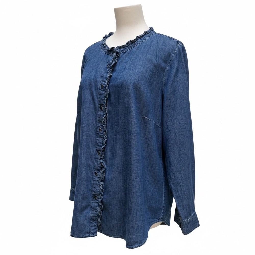 Talbots Ruffle Trim Chambray Denim Shirt 2X Blue Plus Size Cotton Casual Western
